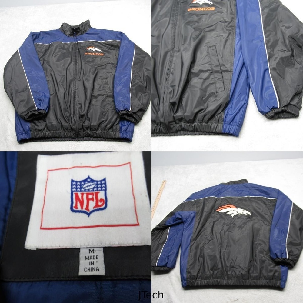 Denver Broncos Jacket Mens Medium NFL Black Blue Faux Leather Full Zip VTG